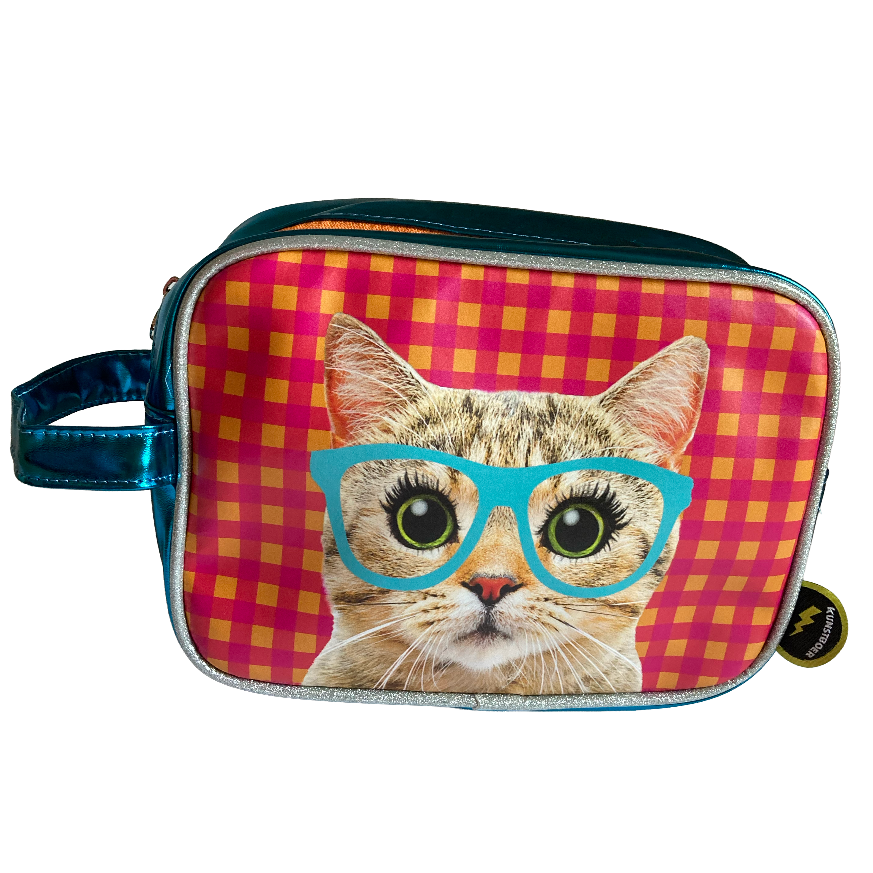 Toiletry bag Cat with glasses gingham background